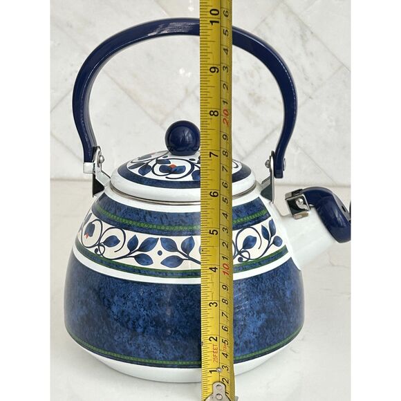 Pfaltzgraff Enamel Tea Kettle Blue/Green/White Stripe & Floral Orleans Pattern - Picture 8 of 9